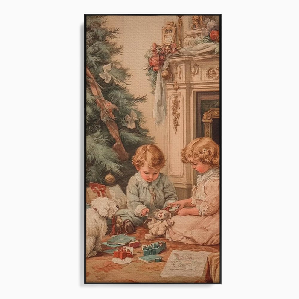 Tablou canvas cu ilustratie vintage cu copii langa bradul de craciun, in rama de aluminiu negru